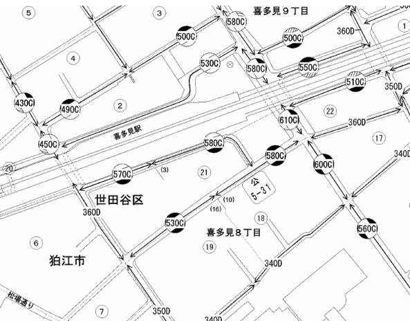 喜多見駅前の路線価図