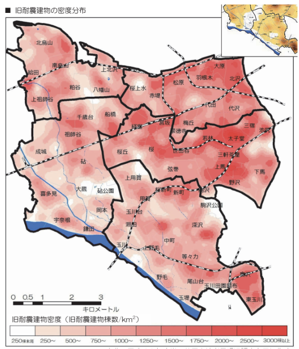 東京都世田谷区の旧耐震建物の密度